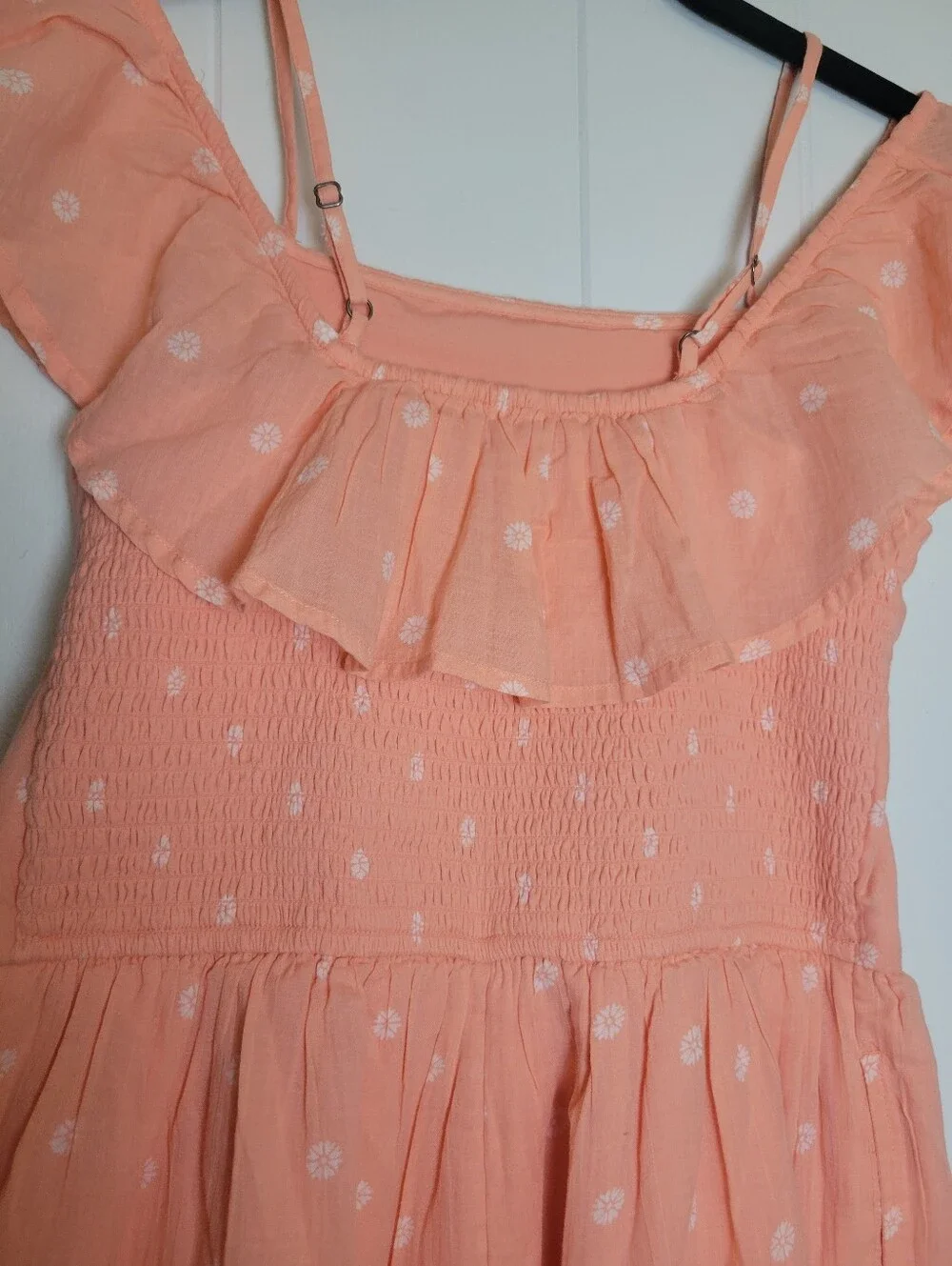 NWT Abercrombie Kids Romper Floral Ruffled Off Shoulder Peach White Girls 15/16
